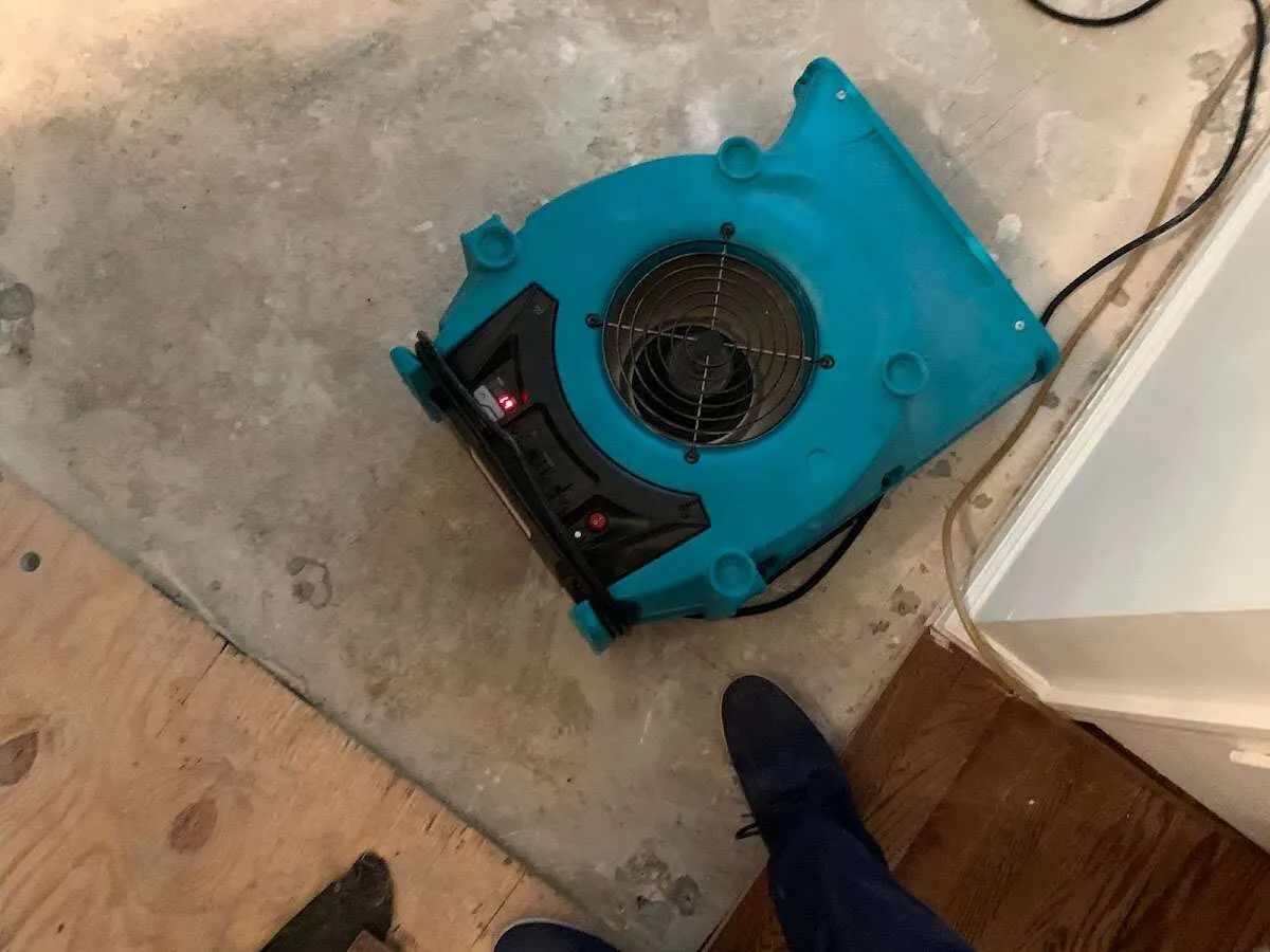 Air mover drying subfloor during Leak Detection & Repair in Moorefield